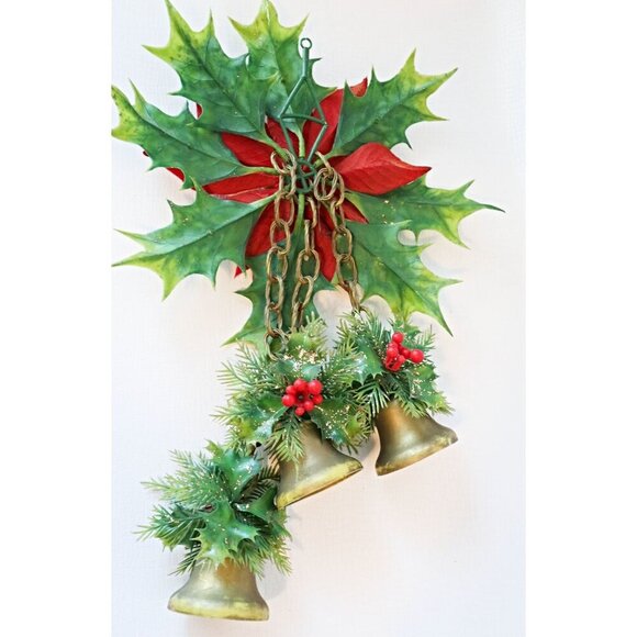 Vintage Christmas Flocked Poinsettia with Bells Wall Hanger Plastic - Picture 5 of 7
